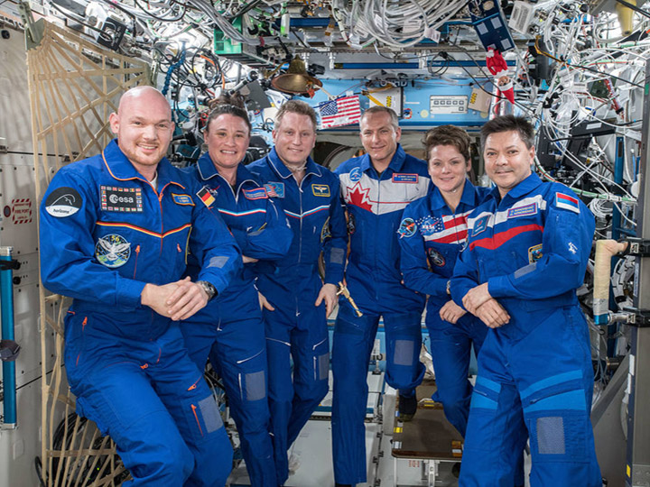 Expedition 56 57 crew members (from left) Alexander Gerst of the ESA (European Space Agency), Serena Aun Chancellor of NASA and Sergey Prokopyev from Roscosmos; with Expedition 57 58 crew members David Saint Jacques of the Canadian Space Agency (CSA), Anne McClain of NASA and Oleg Kononenko from Roscosmos.