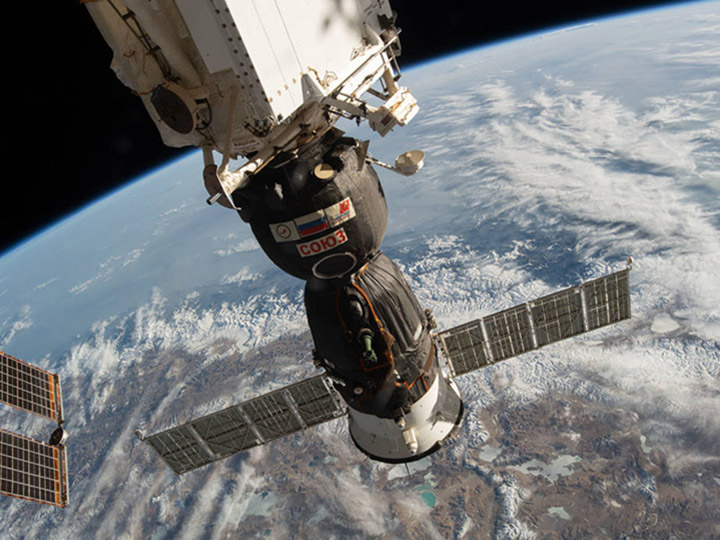 The Soyuz MS 12 crew ship is pictured docked to the Rassvet module as the International Space Station orbited 256 miles above India, Nepal and China.