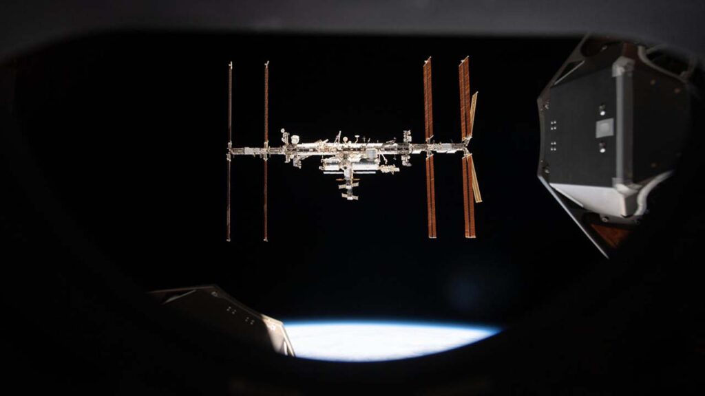 The ISS is pictured from inside a window aboard the SpaceX Crew Dragon Endeavour during a fly around of the orbiting lab that took place following its undocking from the Harmony modules space facing port on Nov. 8, 2021. Date Created: 2021 11 08