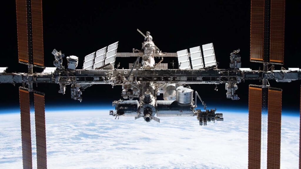 iss066e081189 (Nov. 8, 2021) The International Space Station is pictured from the SpaceX Crew Dragon Endeavour during a fly around of the orbiting lab that took place following its undocking from the Harmony modules space facing port on Nov. 8, 2021.