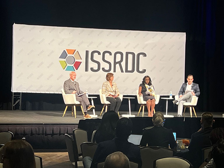 Francisco Cordova, chief operating officer for the ISS National Laboratory moderates a panel discussion on the future of R&D in LEO with panelists Robyn Gatens, NASAs director of the ISS; Ezinne Uzo Okoro, assistant director for space policy for the White House Office of Science and Technology Policy; and Ronald Joslin, program director for the U.S. National Science Foundation, at ISSRDC 2023.