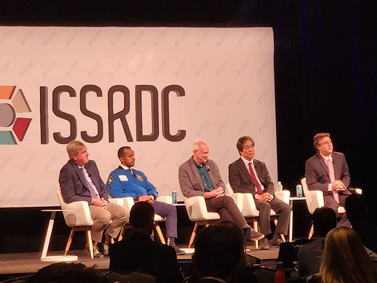 Joel Montalbano, NASAs ISS program manager, moderated a panel at ISSRDC 2023 with representatives from NASAs international partners, including Masaki Shirakawa of JAXA, Frank De Winne of the European Space Agency, Mathieu Caron of the Canadian Space Agency, and Hazzaa AlMansoori of the United Arab Emirates Astronaut Office.