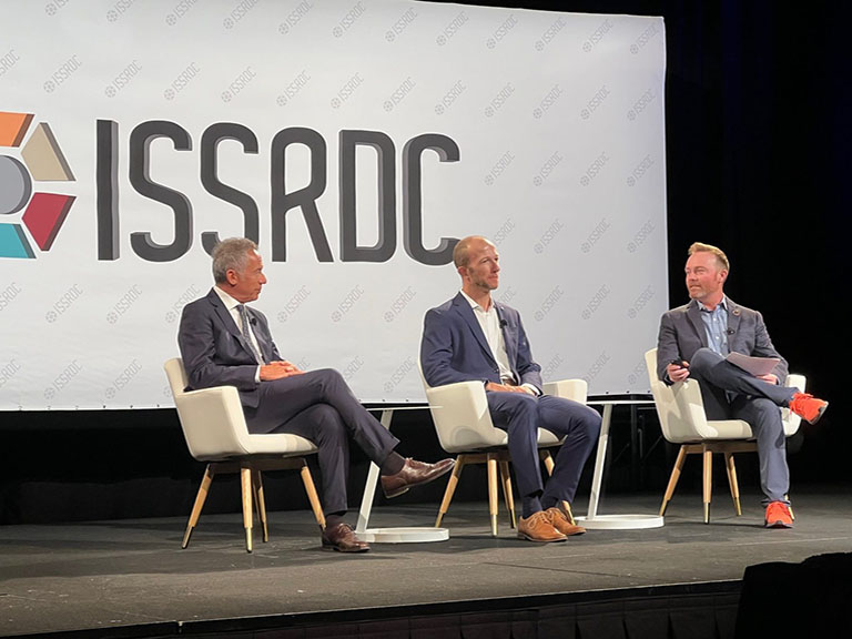 On Day 2 of ISSRDC 2023, Patrick ONeill, ISS National Lab public affairs and outreach lead, moderated a fireside chat with Alessandro Grattoni of Houston Methodist Research Institute and Maurizio Reggiani of Automobili Lamborghini.
