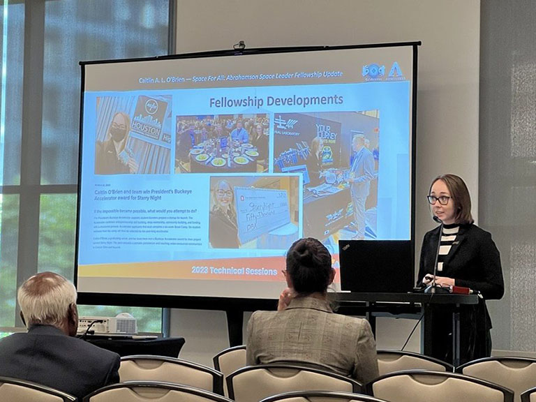 Caitlin OBrien, a 2022 ISS National Lab James A. Abrams Space Leader fellow, was a presenter at the STEM education technical session on Day 3 of ISSRDC 2023.