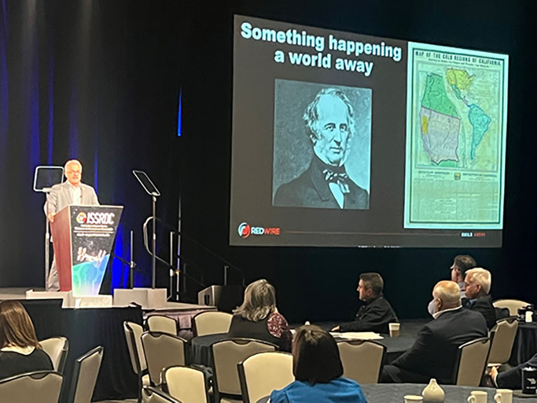 Ken Savin, chief scientist for Redwire Space, gives a Lightning Talk comparing the Gold Rush and the commercialization of space at ISSRDC 2023.
