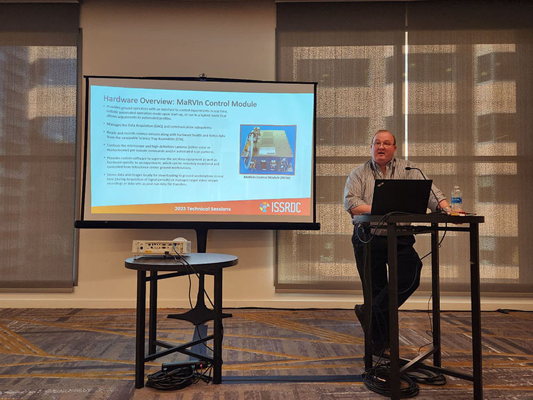 During a technical session talk at ISSRDC 2023, Scott Gilley of Tec Masters, Inc. discussed MaRVIn, the companys experiment processing system on the ISS.