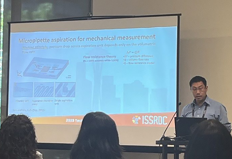 Allen Lui of the University of Michigan presents his teams research on osteoblasts in microgravity during a biology and medicine technical session at ISSRDC 2023.