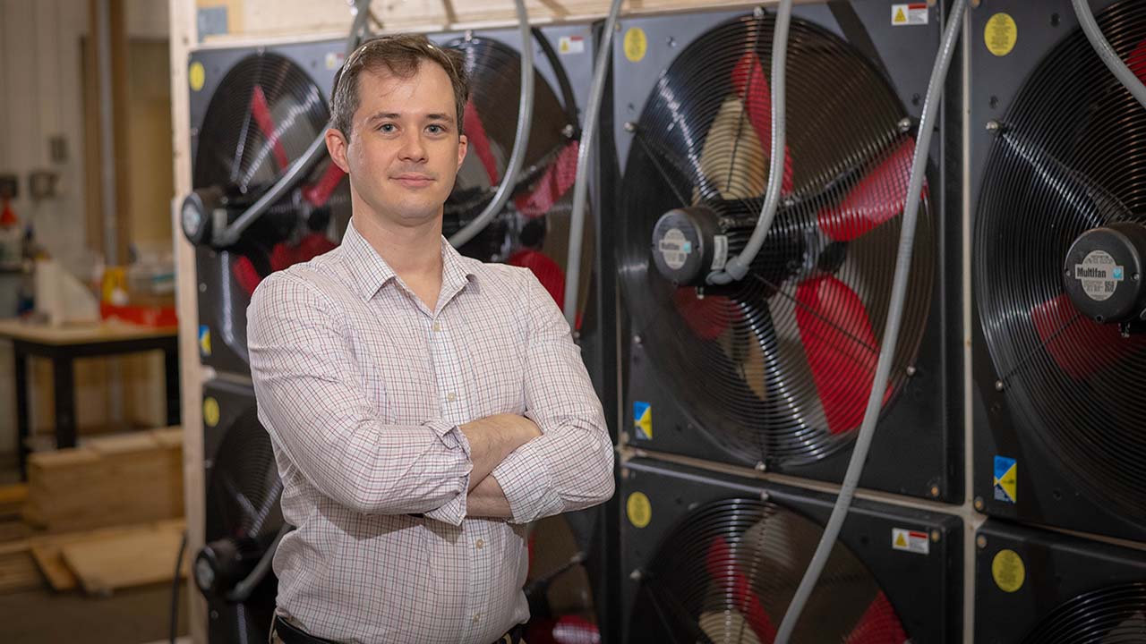 Fire researcher James Urban in his laboratory at Worcester Polytechnic Institute. Urbans upcoming NSF sponsored research will leverage the International Space Station to study how flames spread in microgravity. The data could be used to improve predictive modeling of wildfires on Earth.