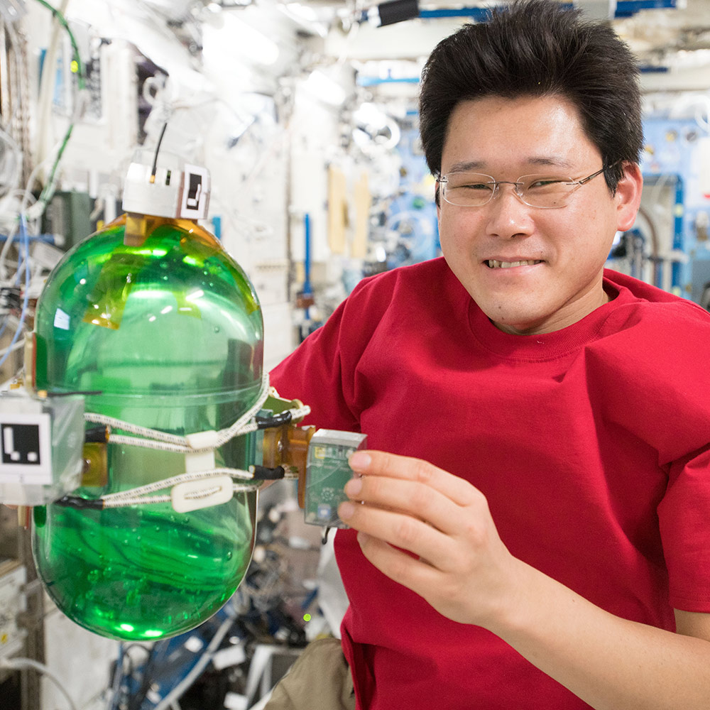 Japan Aerospace Exploration Agency (JAXA) astronaut Norishige Kanai works on the Synchronized Position Hold, Engage, Reorient, Experimental Satellites (SPHERES) Tether Slosh experiment, that uses two SPHERES robots tethered to a fluid filled container covered in sensors to test strategies for safely steering spacecraft such as dead satellites that might still have fuel in the tank.