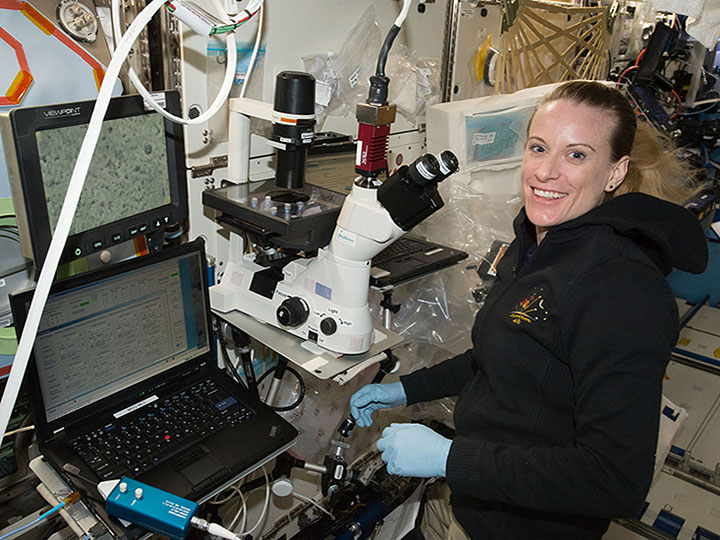NASA astronaut Kate Rubins examines stem cell derived heart cells onboard the ISS.