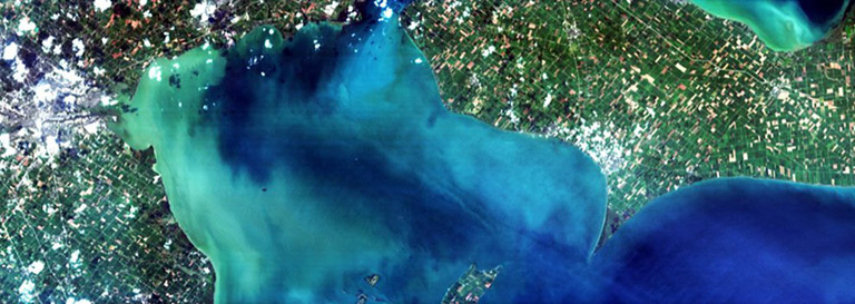 A Hyperspectral Imager for the Coastal Ocean (HICO) image of western Lake Erie, Aug. 15, 2014, taken from the orbital perspective of the International Space Station.