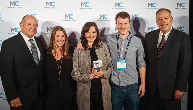 Axonis Inc. was awarded a 2019 MassChallenge Technology in Space Prize from the ISS National Lab and Boeing. Axonis CSO Joanna Stanicka (center) is pictured here.