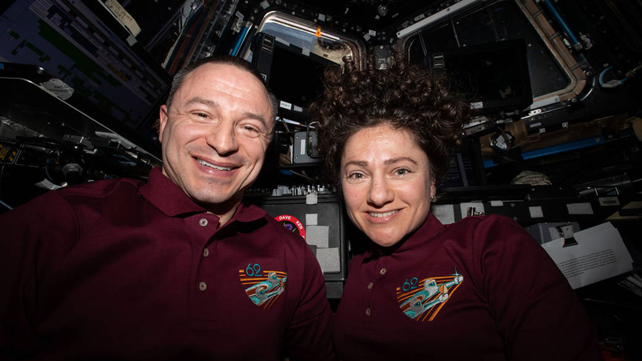 NASA astronauts and Expedition 62 Flight Engineers Andrew Morgan and Jessica Meir are pictured inside the cupola, the International Space Stations window to the world, shortly after capturing the SpaceX Dragon resupply ship.