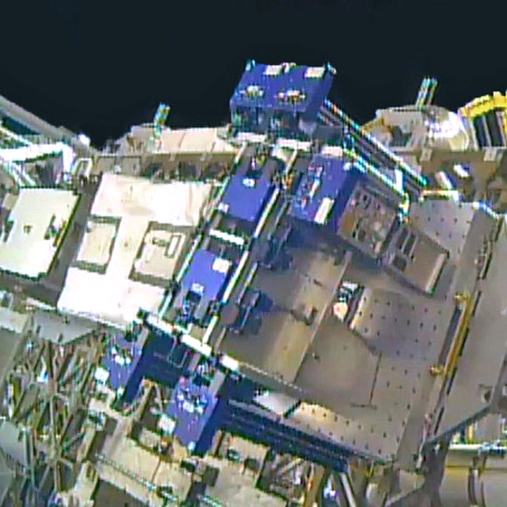 MISSE FF with the zenith MISSE sample carrier open and the samples exposed to space.