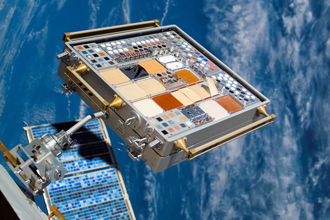 The Materials International Space Station Experiment (MISSE) Flight Facility on the exterior of the space station exposes materials to the harsh environment of space.