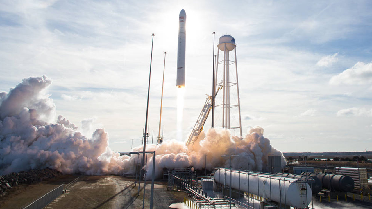 The Northrop Grumman Antares rocket, with Cygnus resupply spacecraft onboard, is seen launching from Pad 0A at NASAs Wallops Flight Facility in Virginia on Feb. 15, 2020. The Cygnus spacecraft will carry approximately 8,000 pounds of research, supplies, and hardware to the International Space Station during the commercial providers upcoming cargo resupply mission for NASA.
