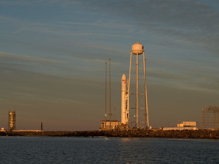 Northrop Grumman Antares CRS 11 Prelaunch (NHQ201904160005) A Northrop Grumman Antares rocket carrying a Cygnus resupply spacecraft is seen during sunrise on Pad 0A, Tuesday, April 16, 2019 at NASAs Wallops Flight Facility in Virginia. Northrop Grummans 11th contracted cargo resupply mission with NASA to the International Space Station will deliver about 7,600 pounds of science and research, crew supplies and vehicle hardware to the orbital laboratory and its crew.