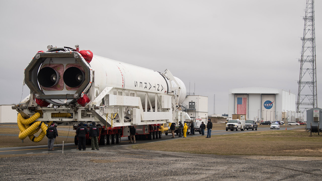 A Northrop Grumman Antares rocket is rolled out to Pad 0A, Wednesday, Feb. 5, 2020, at NASAs Wallops Flight Facility in Virginia. Northrop Grummans 13th contracted cargo resupply mission with NASA to the International Space Station will deliver about 7,500 pounds of science and research, crew supplies and vehicle hardware to the orbital laboratory and its crew. The CRS 13 Cygnus spacecraft is named after the first African American astronaut, Major Robert Henry Lawrence Jr. and is scheduled to launch at 5:39pm EST Sunday, Feb. 9.