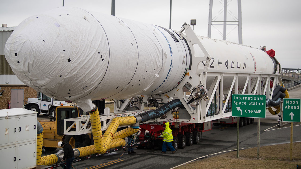 A Northrop Grumman Antares rocket arrives at launch Pad 0A, Wednesday, Feb. 5, 2020, at NASAs Wallops Flight Facility in Virginia. Northrop Grummans 13th contracted cargo resupply mission with NASA to the International Space Station will deliver about 8,000 pounds of science and research, crew supplies and vehicle hardware to the orbital laboratory and its crew. The CRS 13 Cygnus spacecraft is named after the first African American astronaut, Major Robert Henry Lawrence Jr., and is scheduled to launch at 5:39pm EST Sunday, Feb. 9