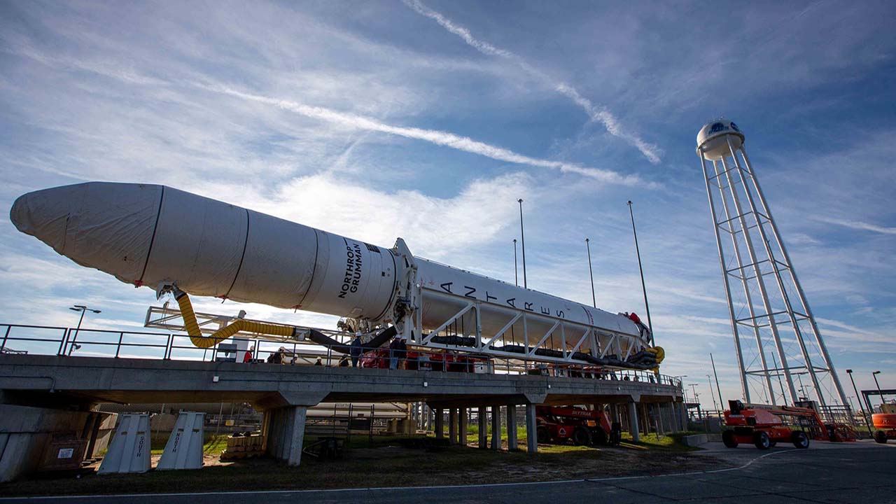 A Northrop Grumman Antares rocket carrying a Cygnus spacecraft loaded with cargo on Nov. 2, 2022, at NASAs Wallops Flight Facility.