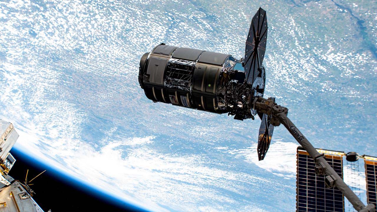 Northrop Grumman's Cygnus cargo craft is pictured after captured by the Canadarm2 robotic arm on the ISS in August 2023.