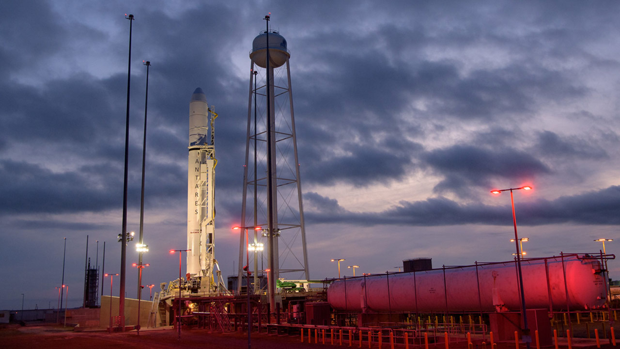 The Northrop Grumman Antares rocket is seen a few hours after arriving at launch Pad 0A, Tuesday, Oct. 29, 2019, at NASAs Wallops Flight Facility in Virginia.