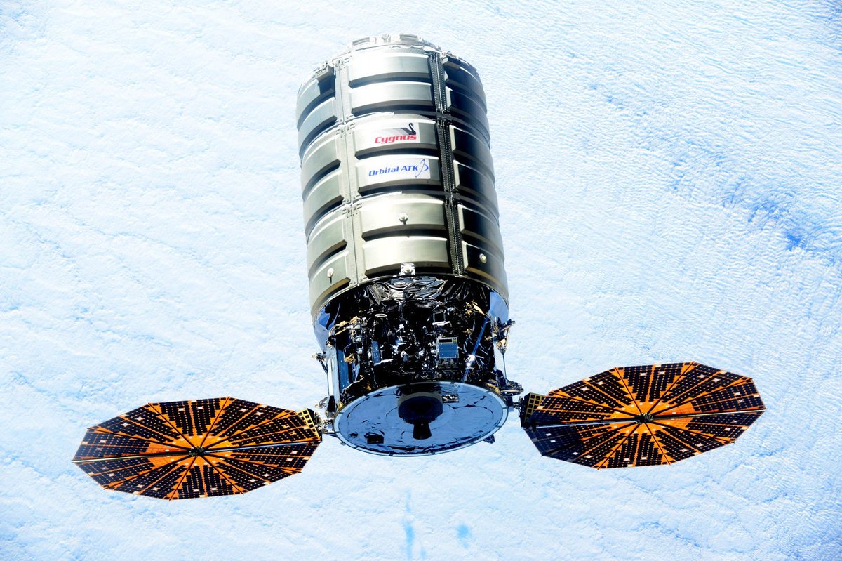 An Orbital ATK Cygnus module photographed from the International Space Station.