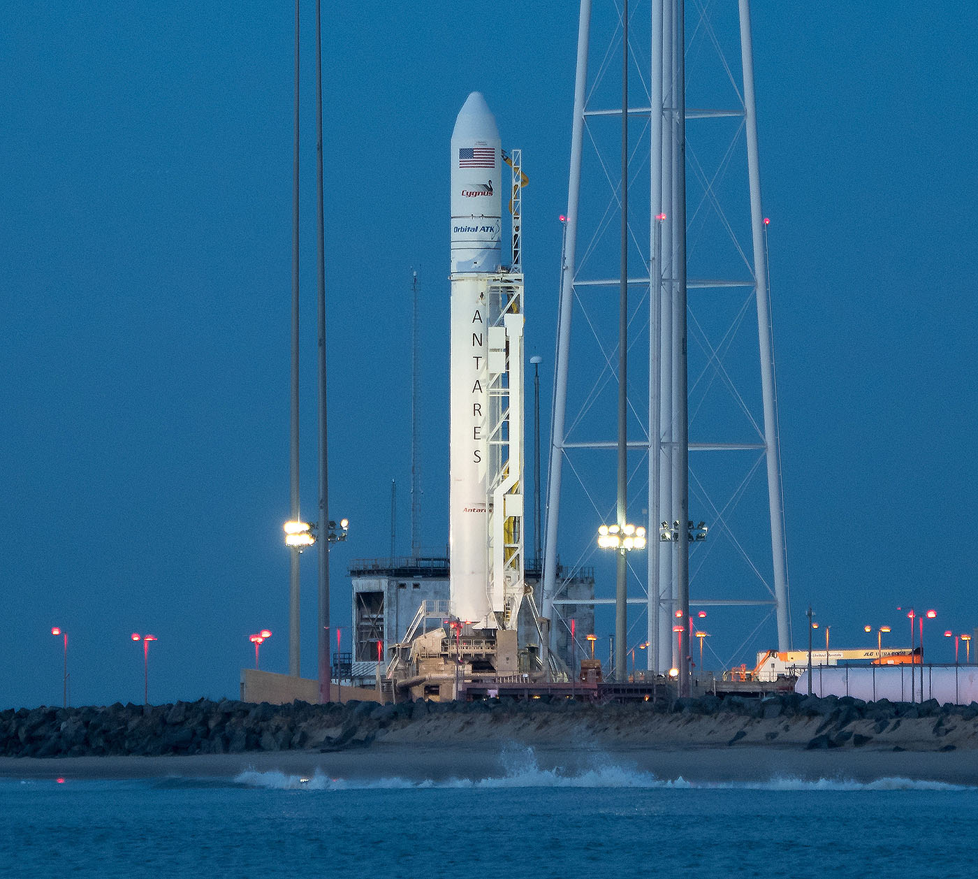 The Orbital ATK Antares rocket, with the Cygnus spacecraft aboard, is seen on launch Pad 0A, Friday, Nov. 10, 2017, at NASAs Wallops Flight Facility in Virginia. Orbital ATKs eighth contracted cargo resupply mission with NASA to the International Space Station will deliver about 7,400 pounds of science and research, crew supplies and vehicle hardware to the orbital laboratory and its crew.