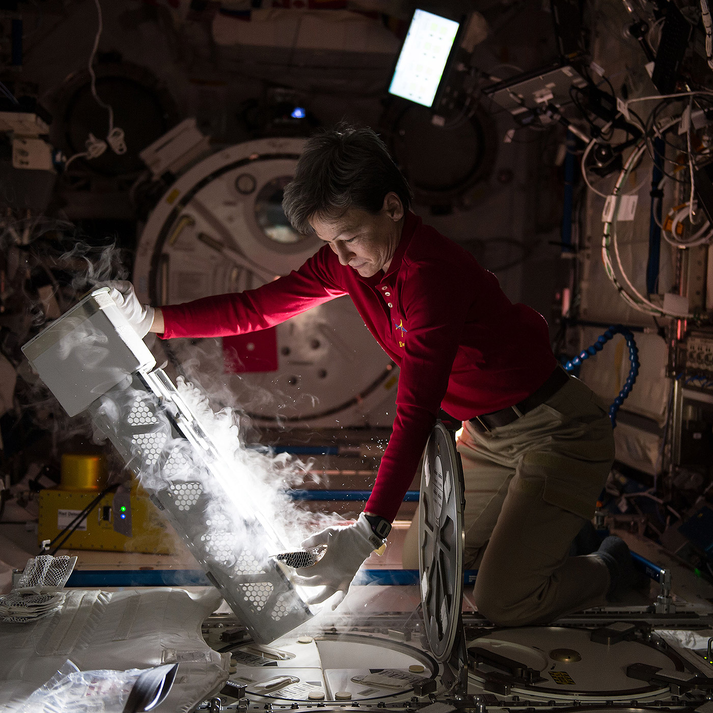 Astronaut Peggy Whitson works with the Minus Eighty Laboratory Freezer for ISS 1 (MELFI 1) Electronics Unit (EU) in the Japanese Experiment Module (JEM) after failure of the EU occurred.