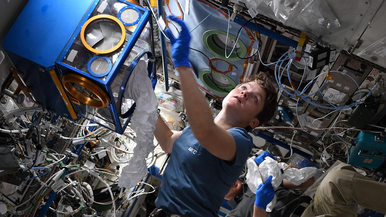 NASA astronaut Anne McClain working with a Mouse Habitat Unit.