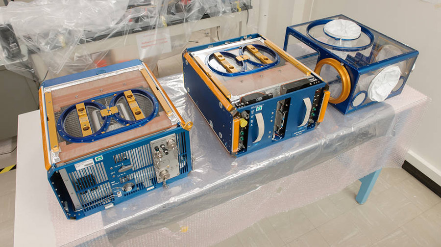 The Rodent Research Hardware System includes three modules: (Left) Habitat, (Center) Transporter, and (Right) Animal Access Unit.