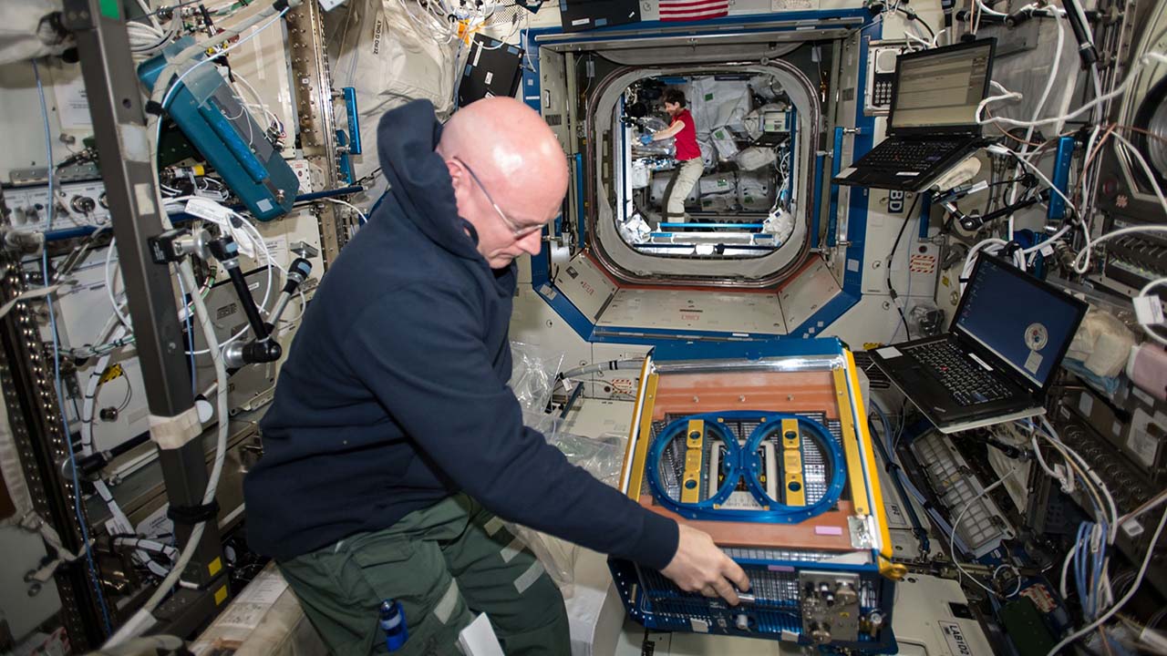 NASA Astronaut Scott Kelly handling the Rodent Research Facility onboard the International Space Station.