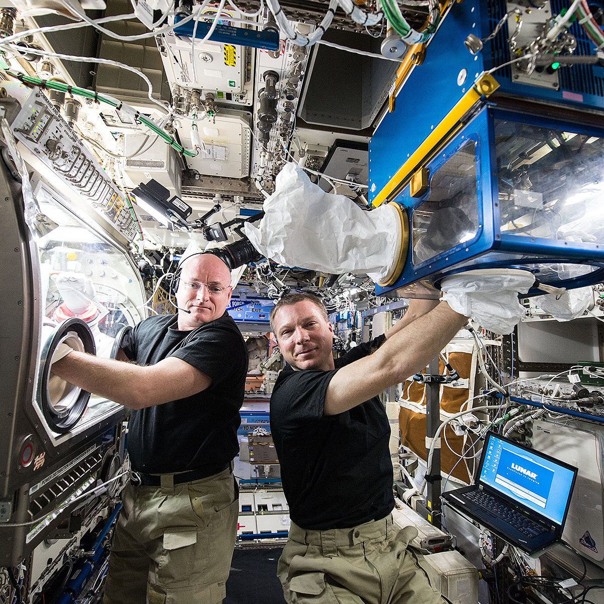 NASA astronauts Scott Kelly and Terry Virts conduct Rodent Research investigations within the Microgravity Science Glovebox and the Rodent Habitat Module onboard the International Space Station.