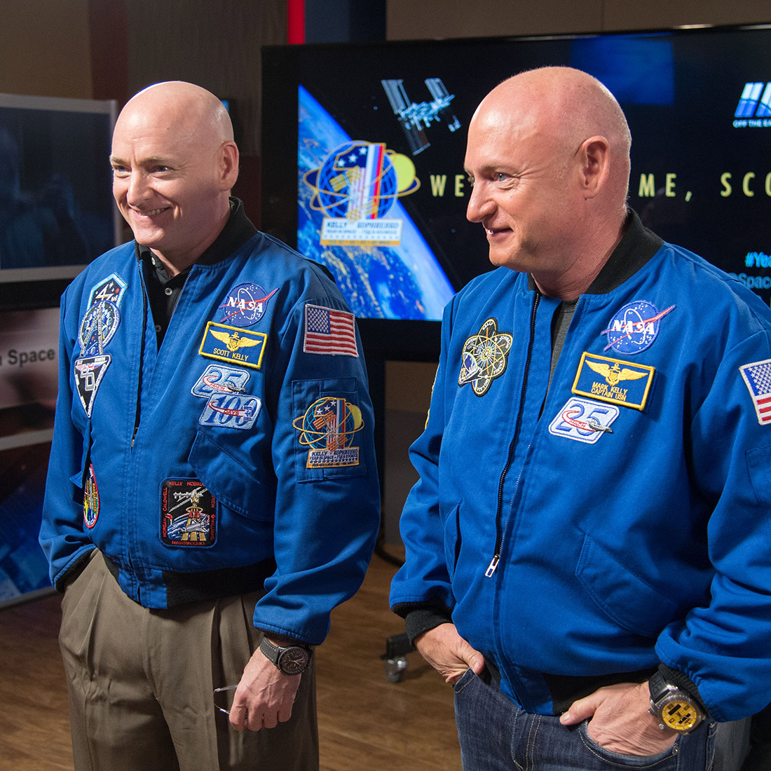 Identical twin astronauts, Scott and Mark Kelly, are subjects of NASAs Twins Study. Scott (left) spent a year in space while Mark (right) stayed on Earth as a control subject. Researchers looked at the effects of space travel on the human body.