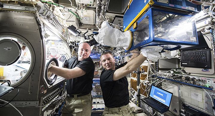 NASA astronauts Scott Kelly and Terry Virts conduct rodent research investigations within the Microgravity Science Glovebox and the Rodent Habitat Module onboard the ISS