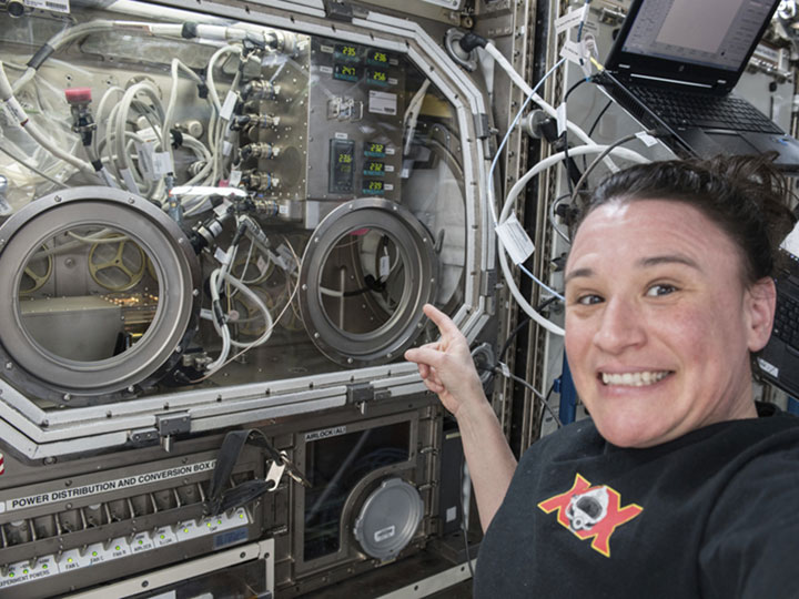 NASA astronaut Serena Aun Chancellor works on Cemsicas gas separation membranes experiment onboard the International Space Station.