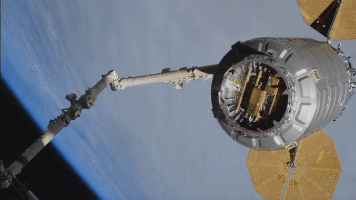 The Cygnus spacecraft leaves the ISS with SlingShot payloads in preparation for deployment activities.