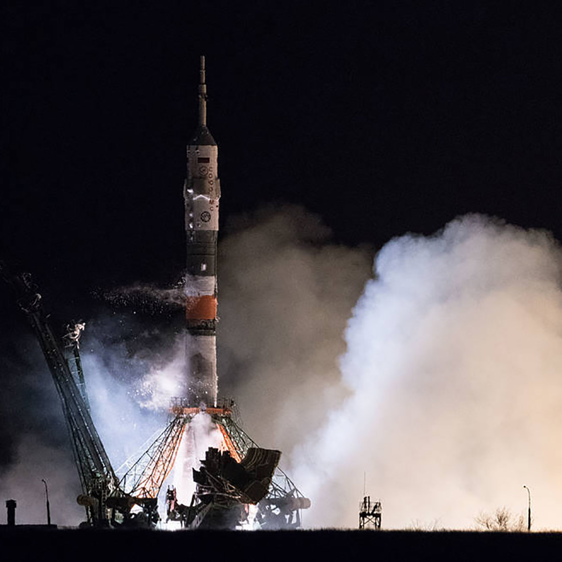 The Soyuz MS 08 rocket is launched with Expedition 55 Soyuz Commander Oleg Artemyev of Roscosmos and flight engineers Ricky Arnold and Drew Feustel of NASA, Wednesday, March 21, 2018 at the Baikonur Cosmodrome in Kazakhstan.