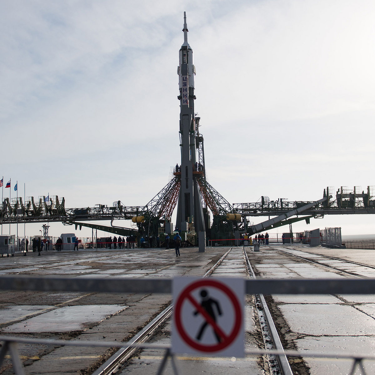 The Soyuz rocket is raised into a vertical position on the launch pad, Monday, March 19, 2018 at the Baikonur Cosmodrome in Kazakhstan. Expedition 55 crewmembers Ricky Arnold and Drew Feustel of NASA and Oleg Artemyev of Roscosmos are scheduled to launch at 1:44 p.m. Eastern time (11:44 p.m. Baikonur time) on March 21 and will spend the next five months living and working aboard the International Space Station.