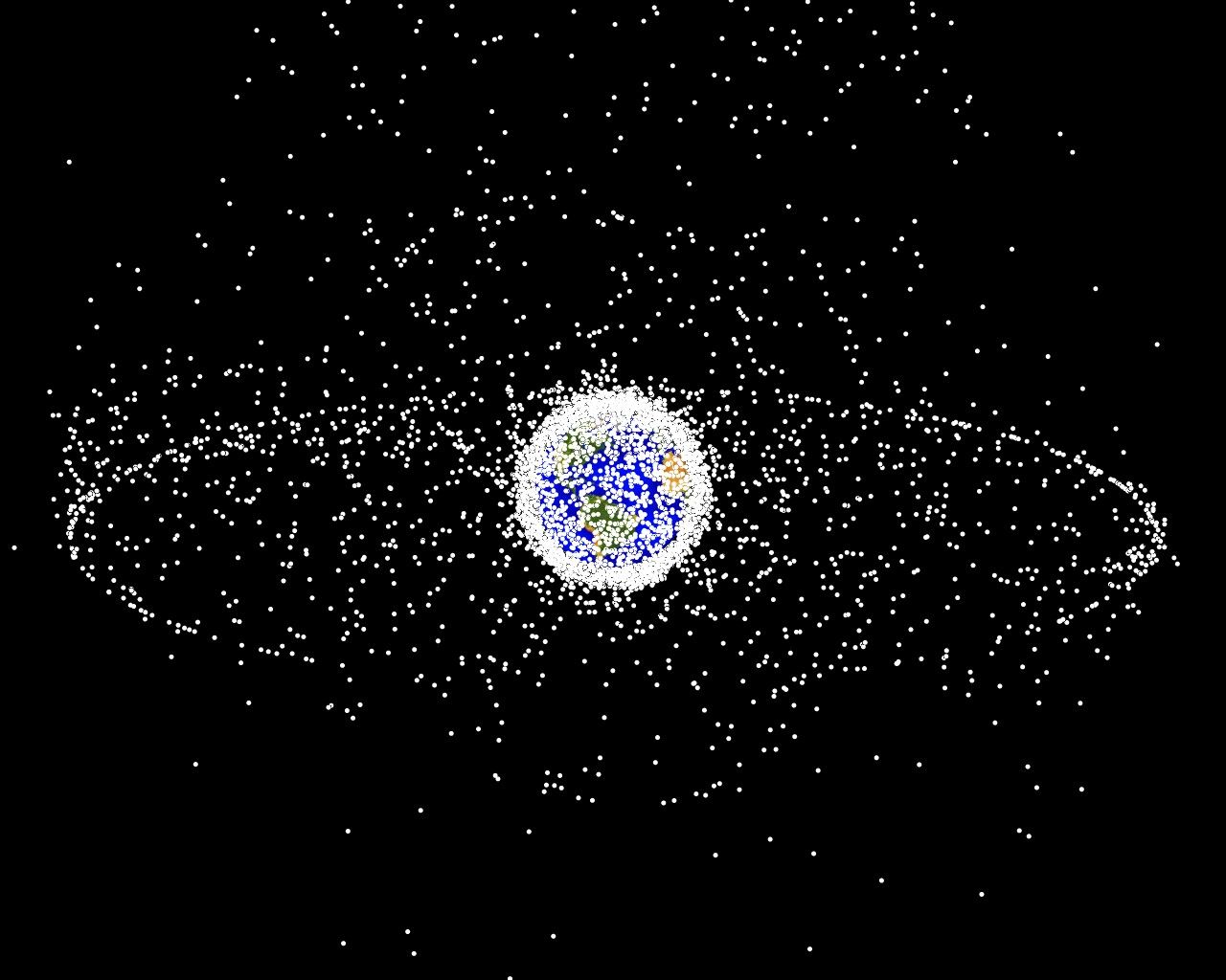 This is a computer generated image of objects in Earth orbit that are currently being tracked. Approximately 95% of the objects in this illustration are orbital debris, i.e., not functional satellites. The dots represent the current location of each item.