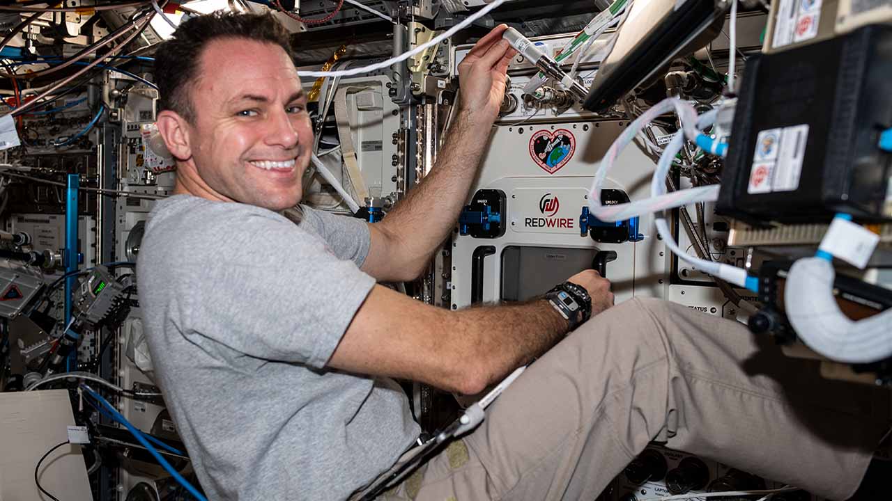 Jan. 31, 2023 NASA astronaut and Expedition 68 Flight Engineer Josh Cassada is pictured installing the BioFabrication Facility (BFF), a research device that will be used to investigate the 3 D printing of human organs in microgravity. The BFF is located inside the Columbus laboratory modules EXPRESS Rack 3 aboard the International Space Station.