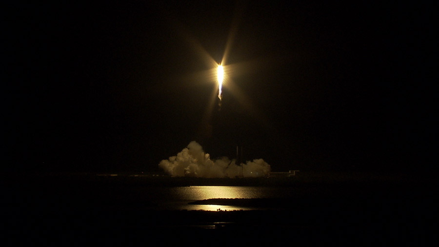 SpaceXs Falcon 9 with the CRS 17 Dragon capsule races toward space during the early morning hours of May 4, 2019.