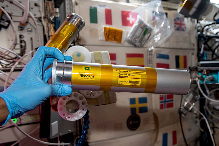 A view of a science chamber from the Rhodium DARPA Biomanufacturing 01 investigation, which examines gravitys effect on production of drugs and nutrients from bacteria and yeast.