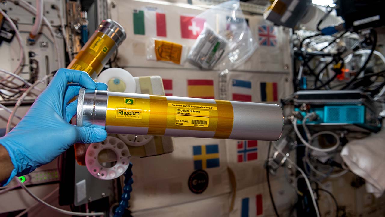 A view of a science chamber from the Rhodium DARPA Biomanufacturing 01 investigation, which examines gravitys effect on production of drugs and nutrients from bacteria and yeast.