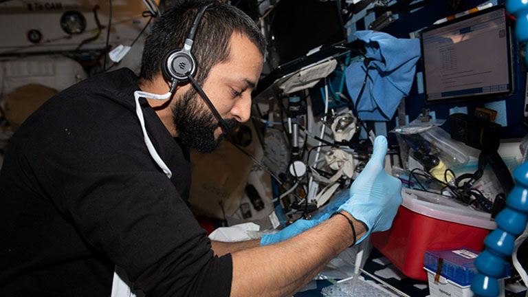 United Arab Emirates astronaut Sultan Alneyadi works on an investigation aiming to crystallize biotherapeutics in microgravity to improve in space and Earth production techniques that may shorten the development cycle for new drugs.