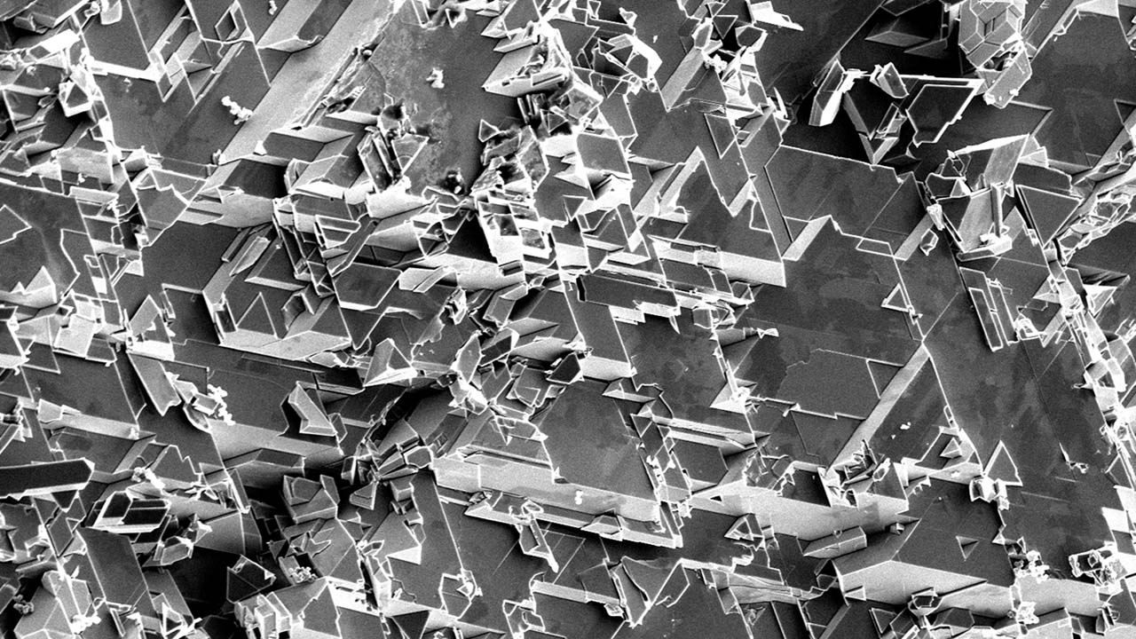 A scanning electron microscope view of the crystallites.