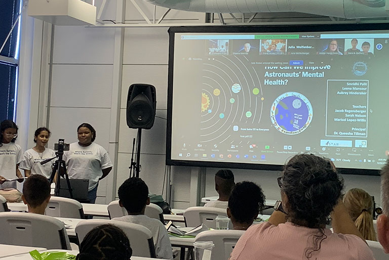Students from schools in Cumberland County, North Carolina, discussed experiments that will fly to the space station on SpaceX CRS 29.
