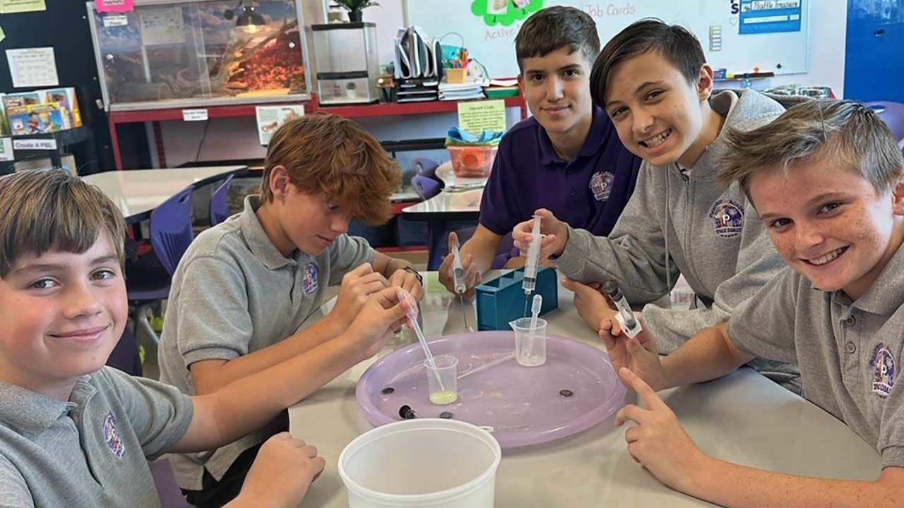Pinecrest Academy Space Coast students Liam Hauser, Connor Santore, Eric Distasi, Evan Ireland, and Luke Costa optimizing experiment processes for E coli and endotoxin detection in microgravity via LAL Horseshoe crab blood testing for future flight with the SSEP.