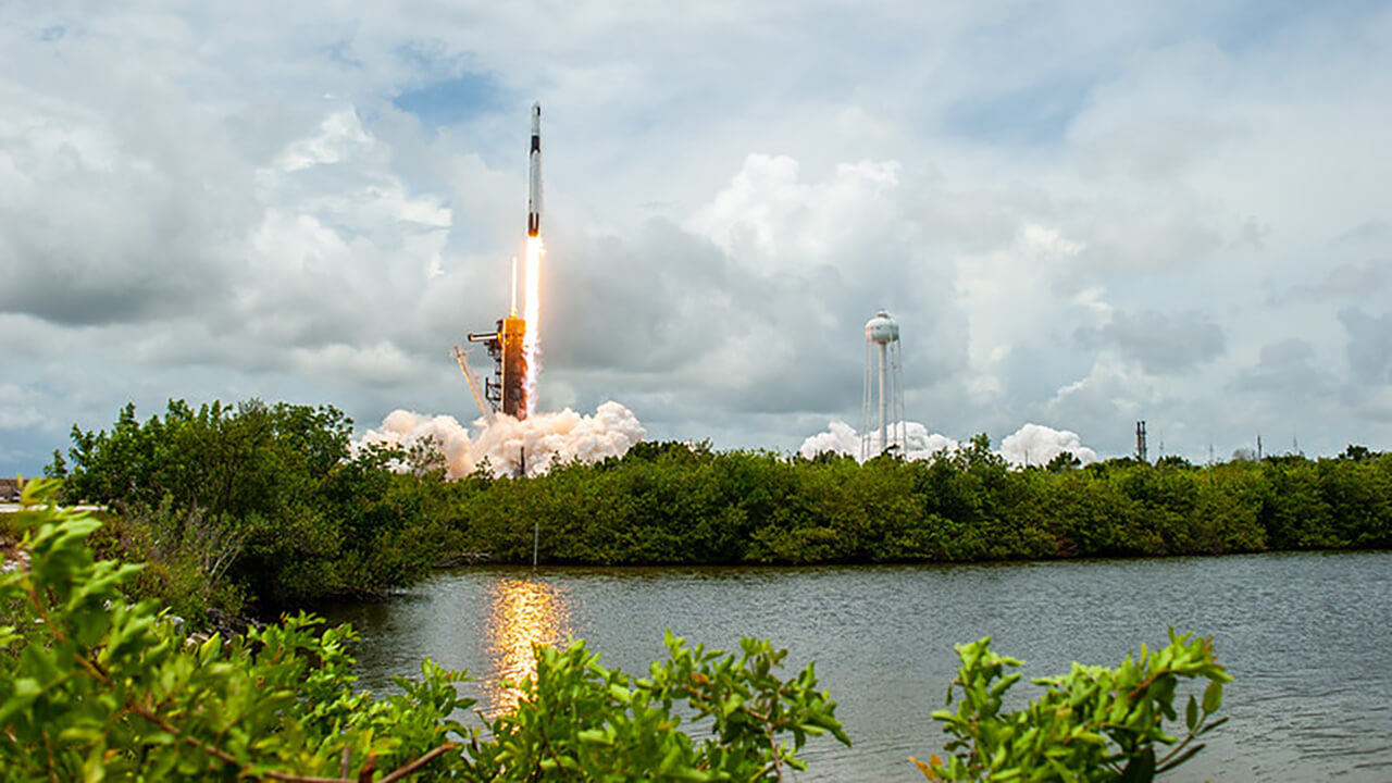 The SpaceX Falcon 9 rocket carrying the Dragon cargo capsule soars upward after lifting off from Launch Complex 39A at NASAs Kennedy Space Center in Florida on June 3, 2021, on the companys 22nd Commercial Resupply Services mission for the agency to the International Space Station. Liftoff was at 1:29 p.m. EDT. Dragon is filled with supplies and payloads including critical materials to directly support dozens of the more than 250 science and research investigations that will occur during Expeditions 65 and 66 on the station.