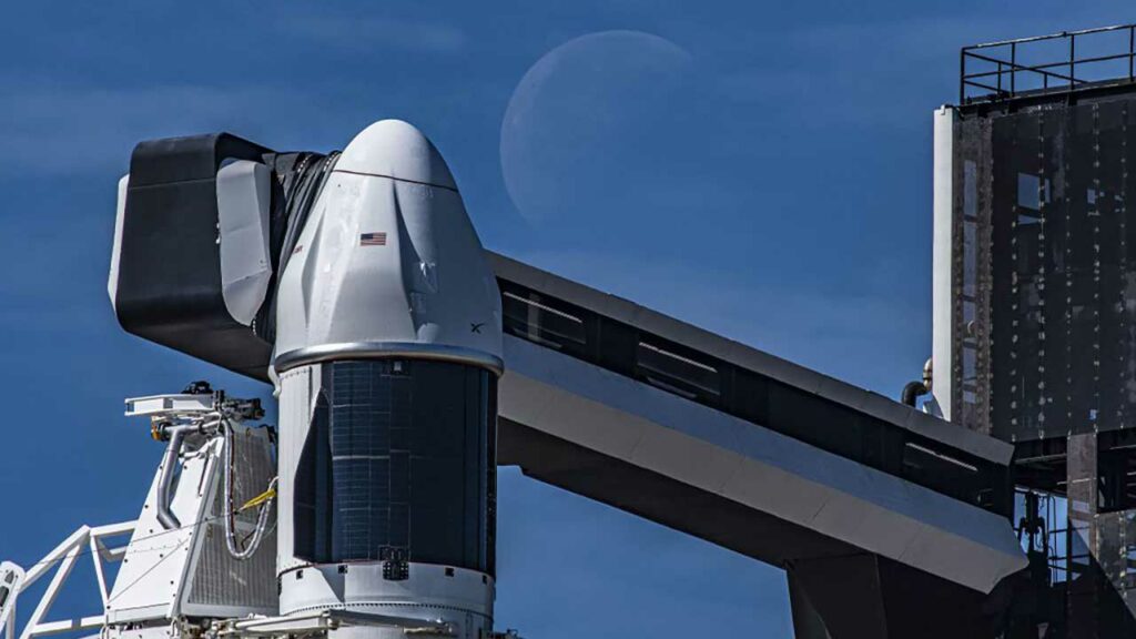 The SpaceX Dragon spacecraft atop the company’s Falcon 9 rocket in the vertical position at NASA’s Kennedy Space Center in Florida on Tuesday, March 14, 2023, in preparation for the 27th commercial resupply services launch to the International Space Station. The SpaceX Dragon spacecraft atop the company’s Falcon 9 rocket